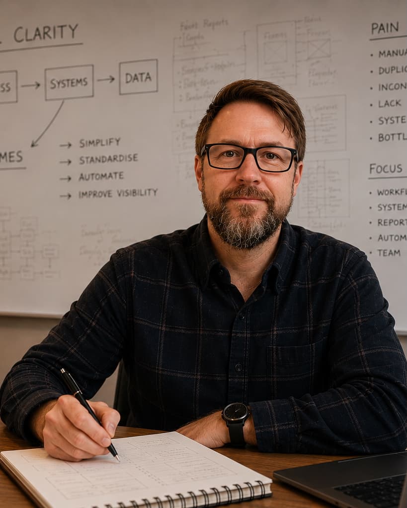 Tony at a desk, working through an operational planning notebook, with workflow diagrams on the whiteboard behind him — systems, data, simplify, standardise, automate, improve visibility.